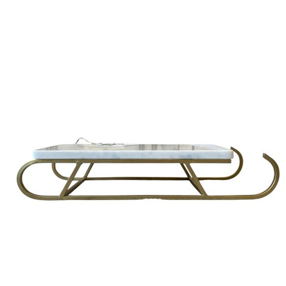 Marble Sledge Holiday Serving Tray 18x8 White & Gold Metal Handmade in India - Picture 2 of 15